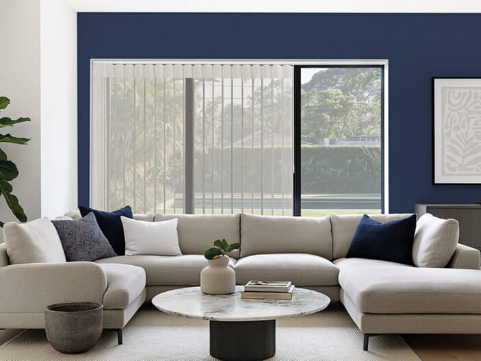 living room with allusion blinds