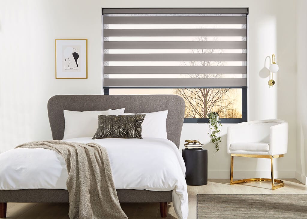 Bedroom fitted with grey day and night blinds